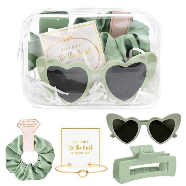 Set de 5 piezas de suministros para despedida de soltera, que incluye bolsa de maquillaje transparente, gafas de sol, pinzas para el cabello, scrunchies, pulseras con nudo, regalos perfectos para fiestas de boda, fiestas de una noche, pijamadas y despedidas de soltero