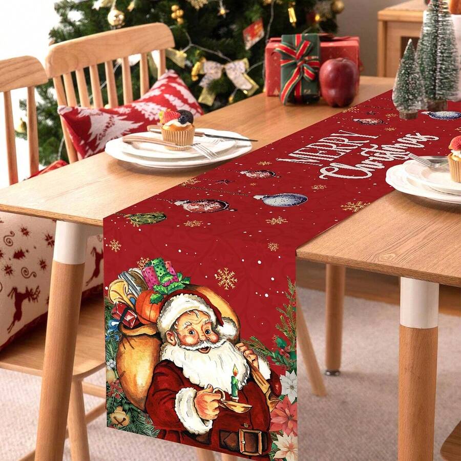 1pc Christmas Table Runner, Santa Claus & Candle Design, Polyester Material, 35x181cm, Winter Christmas Home Party, Dining Room & Living Room Table Decor, Indoor & Outdoor Tabletop Center Decoration