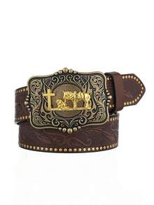 1 件男士波西米亚西部牛仔马扣复古深棕色 PU 皮带，适合所有季节秋季、秋季、万圣节秋冬配饰，适合青少年、青年、男士、休闲、户外、运动、度假、毕业礼物、生日、日常穿着