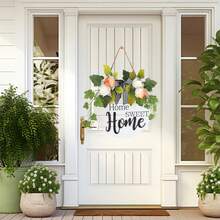 Decorative Flower Wood Sign With Faux Floral Round Plaque Hanging Wall Art For Home Door Porch Decor - White - View 4