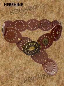 Hershine Nowy pasek w stylu retro western cowboy w stylu boho z 2025 roku. Pasek w stylu punk, w kolorze antycznego brązu, z owalną, ażurową klamrą w kształcie kwiatu, ze skóry PU, z metalową klamrą w kształcie głowy byka i ozdobnymi dodatkami.