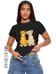 字母标语，罗纹棉质女式T恤，学院风春夏新款运动女装，垂坠时尚柔软透气女式短袖上衣 - 黑色 - 查看 1