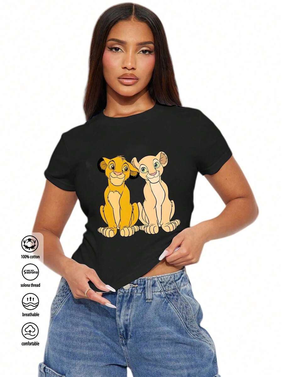 字母标语，罗纹棉质女式T恤，学院风春夏新款运动女装，垂坠时尚柔软透气女式短袖上衣 - 黑色 - 查看 1