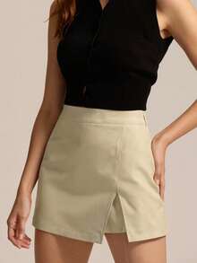 Women's Slim Fit Mini Skort With Side Zipper Casual Asymmetrical Split Hemline Skirts For Daily - Màu be - Xem 2