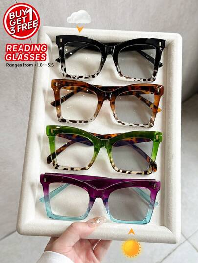 1pc/4pcs Plastic Multicolor Colourful Geometric Full Frame Personalized Exaggeration Photochromic Women Reading Glasses 6 Diopter Options +1.0 To +2.5 Magnification For Holiday Gift Daily Life Summer Driving Camping Family Outings