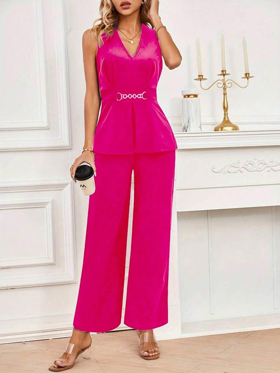 CONJUNTO LISO UNICOLOR PARA DAMA, CONJUNTO DE 2 PIEZAS, PANTALÓN CON ELÁSTICO EN CINTURA Y BOLSILLOS LATERALES Y TOPS CHALECO, TELA ELÁSTICAC, DELGADO Y LIGERO - Rosa Fucsia - Ver 1