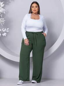 Wide Leg Plus Size Trousers - Army Green - View 1
