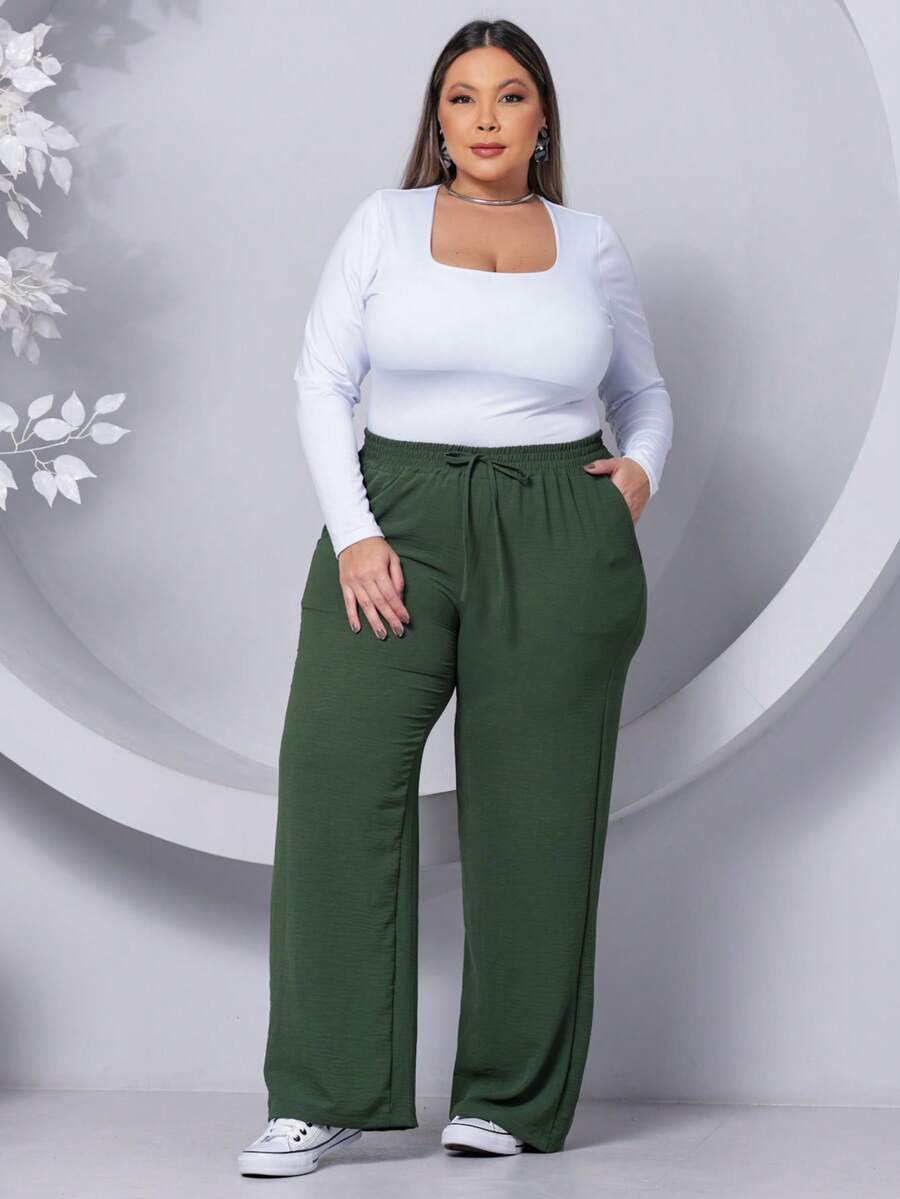 Wide Leg Plus Size Trousers - Army Green - View 1