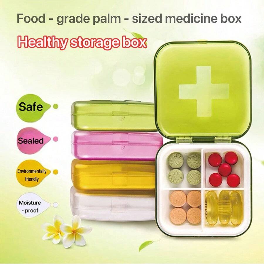 四格迷你便携式药品分配盒。方便携带，适合存放药丸。盒子密封，非常适合旅行携带。 - 彩色 - 查看 1