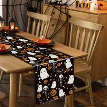 1/25pcs Halloween Themed Pumpkin & Haunted Castle Pattern Table Runner, Dining Table Decor For Restaurant Party Holiday, Dark Style Tablecloth, Halloween Decoration, Indoor Decor, Halloween Party Supplies, Holiday Gift, Room Decor, Dining Table Accessory