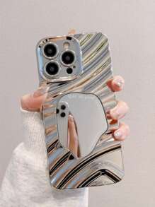 Funda de teléfono con espejo de maquillaje de alta gama minimalista con patrón de olas de agua, funda protectora de teléfono minimalista antideslizante compatible con Apple 16/15/14/13/12/11/ProMax/Pro/Plus