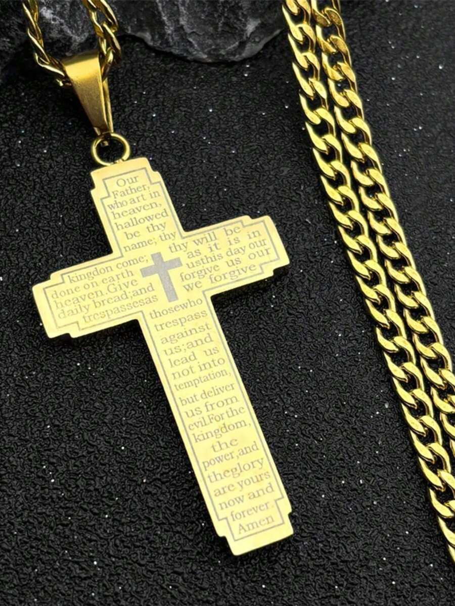 Christian Cross Bible Necklace For Women Stainless Steel Gold Our Father Men Chain Jewelry For Men Women Fashion Accessories Thanksgiving Gift - Necklace - View 1