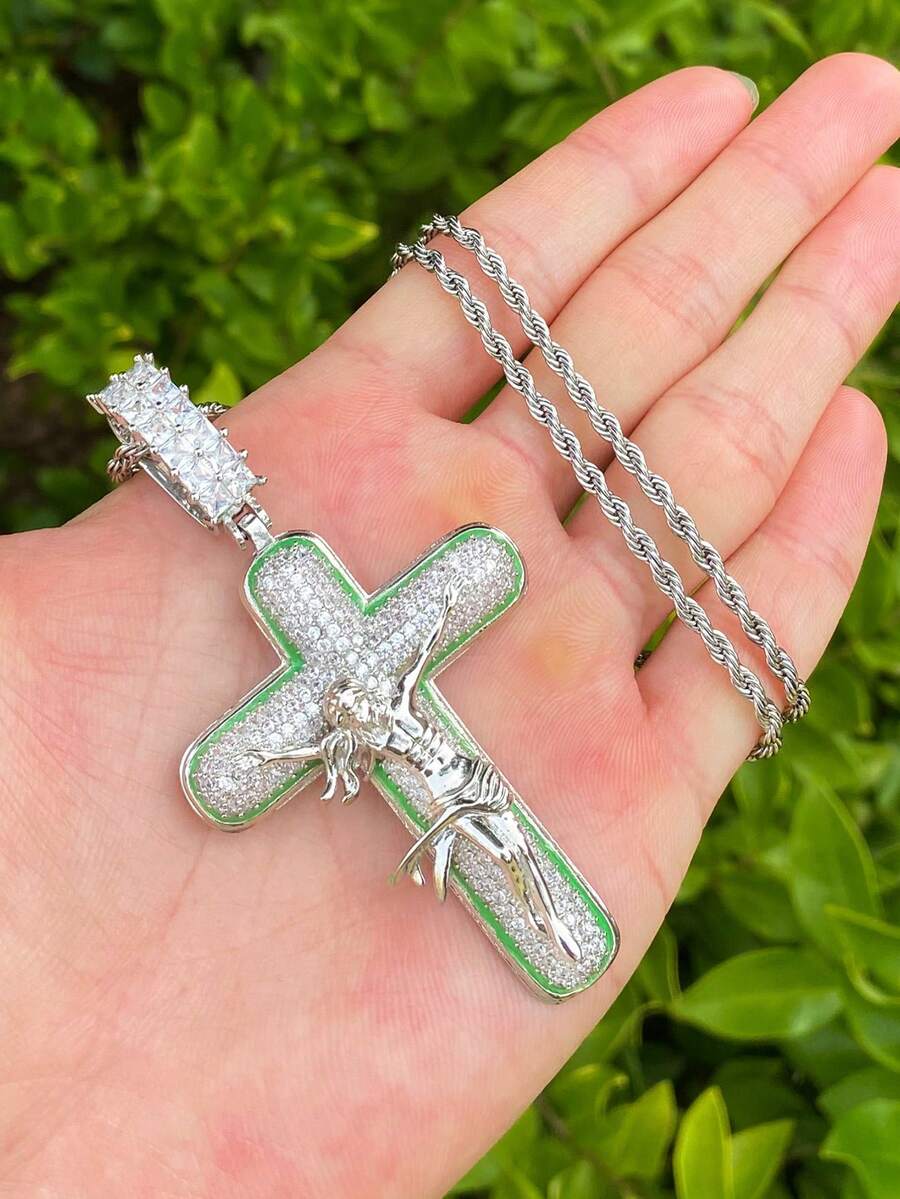 DUBSS 男士镶钻耶稣十字架夜光项链吊坠，5A级立方氧化锆嘻哈饰品 - Cross - 查看 1