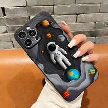 Astronaut And Space Themed Phone Case Designed With Stunning Interstellar Imagery Compatible With IPhone 16 15 14 13 12 And 11 Pro Models And Made Of TPU Protective Material Perfect For Space Enthusiasts Family Friends And Creative Minds On Birthdays Holidays Or Any Special Occasion - 黑色 - 查看 5