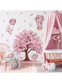 粉色花朵丛林蝴蝶鸟类可移除儿童房墙贴，适合女孩 - 自粘式儿童房装饰贴花，可重新定位粉色蝴蝶鸟花卉乙烯基墙贴，易于粘贴 - 彩色 - 查看 5