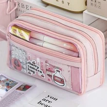 大容量铅笔盒 - 透明多层设计，便携式桌面收纳盒，柔软面料，多个隔层，适合办公室使用，耐用拉链。不含配件。适用于学校用品，返校
