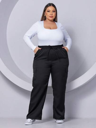 CALÇA PANTALONA WIDE LEG CINTURA ALTA COM BOLSO CARGO