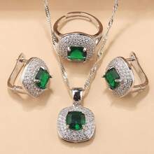 925 Silver-Plated Colorful Cubic Zirconia Square Fashion Party Luxury Quality Wedding Accessories Bridal Elegant Jewelry Set, Women Necklace Pendant Earrings Ring 4pcs, Suitable For Daily Wear, Christmas, Halloween, Thanksgiving And Valentine's Day Gifts - Royal Blue - View 2