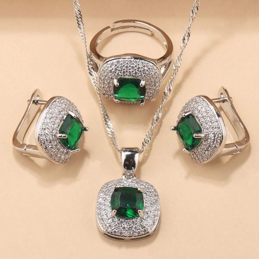 925 Silver-Plated Colorful Cubic Zirconia Square Fashion Party Luxury Quality Wedding Accessories Bridal Elegant Jewelry Set, Women Necklace Pendant Earrings Ring 4pcs, Suitable For Daily Wear, Christmas, Halloween, Thanksgiving And Valentine's Day Gifts