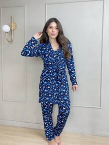 Women's Pajama Set With Robe In Suede Knit, Comfortable, Casual, Elegant - Sky Blue - View 3