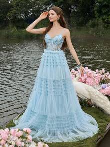 Faeriesty 奢华华丽的紧身胸衣式晚礼服，采用甜心领口、细肩带和精致亮片刺绣 - 蓬松的多层薄纱裙 | 浪漫的正式晚装 | 非常适合婚礼、舞会和优雅的晚会 - 淺藍色 - 查看 6