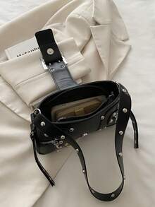 Fashion Rivet Women's Shoulder Bag, Underarm Bag, Crescent Bag, Belt Clip Motorcycle Bag - Black - View 8