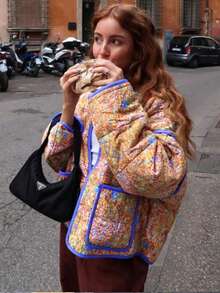 Women's Casual Asymmetric Pocket Printed Warm Jacket, Autumn/Winter - Orange - View 2