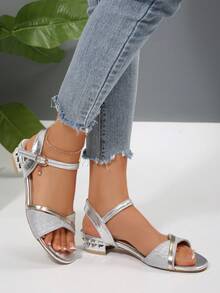 1 Đôi giày cao gót hở mũi tròn 3.5cm bằng da PU thoải mái chống trượt dành cho nữ, thích hợp cho tiệc tùng, mặc nhà, mặc công sở, hàng mới về Xuân/Hè 2025 - Bạc - Xem 7