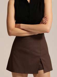 Minifalda ajustada para mujer con cremallera lateral, informal, asimétrica, con dobladillo dividido, para uso diario - Marrón - Ver 5