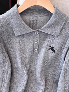 Cárdigan de punto bordado para mujer, diseño de button delantero con decoración de parche, ideal para otoño/invierno, trabajo y uso casual, Top de manga larga, blusas para mujeres, atuendos festivos, ropa, outfits para salir, top de ganchillo, dinero viejo, prendas de mujer desfalleciente, otoño, vuelta al colegio, desgaste de oficina para las mujeres