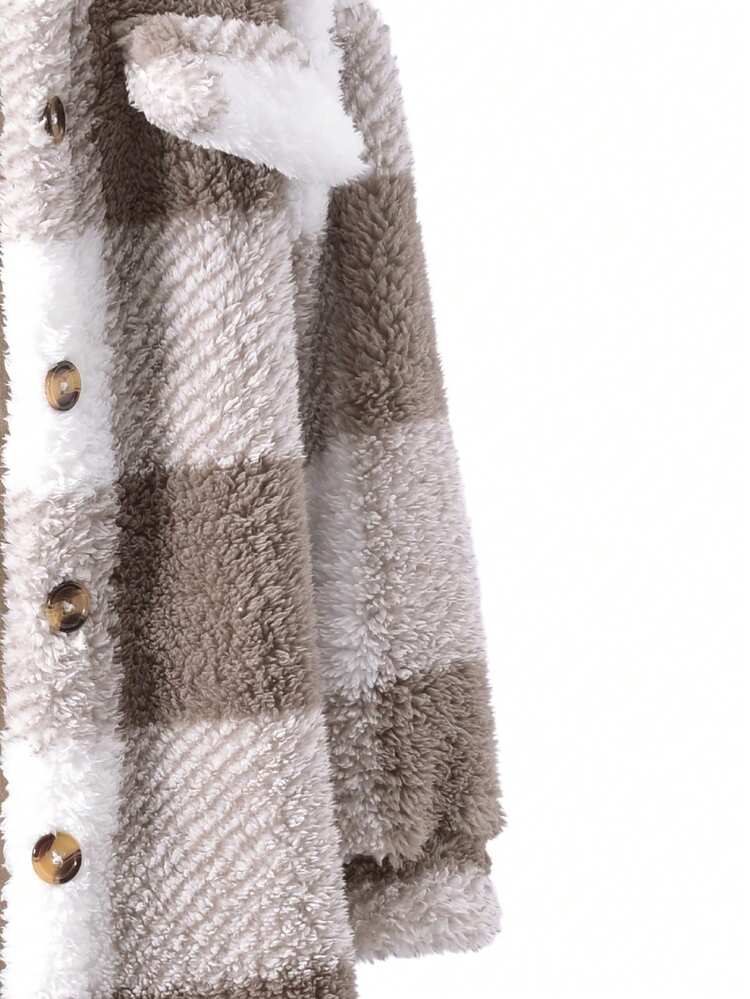 3pcs Girls Plaid Fuzzy Jacket, Bow Decor Blouse & Flare Pants Set, Autumn/Winter - Khaki - View 4