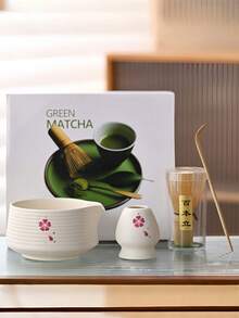 4pcs Sakura Ceramic Matcha Bowl Set, Includes Matcha Bowl, Chasen (Bamboo Whisk), Chashaku (Bamboo Scoop), Hishaku (Bamboo Ladle), Japanese Style Matcha Preparation Tools, Foaming Whisk, Lip Matcha Bowl, Traditional Japanese Matcha Tea Set, For Making Frothy Matcha Green Tea.