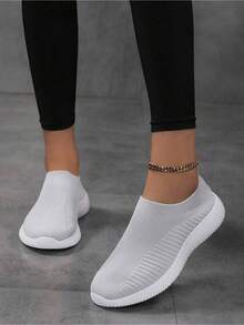 Gray Breathable Knit Casual Slip-On Flat Shoes For Women, Lightweight & Comfortable