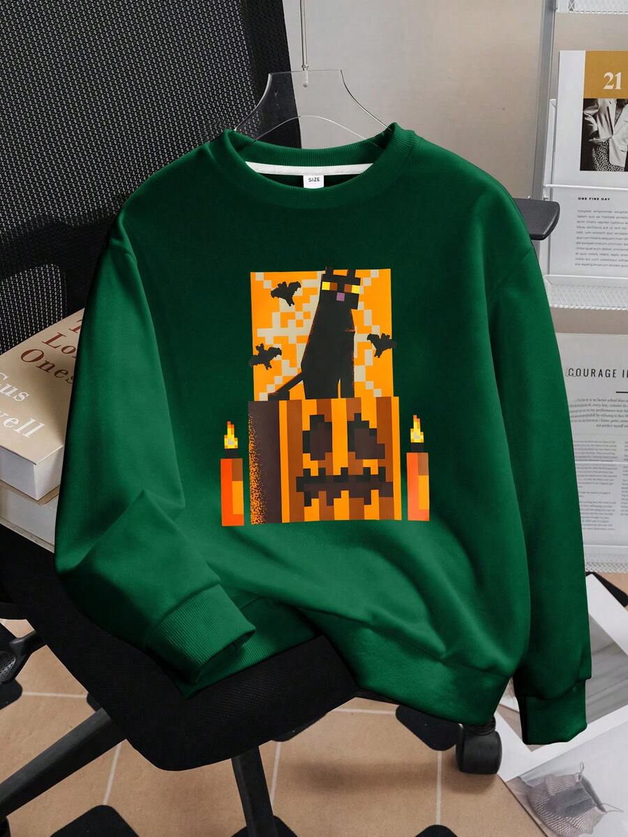 Tween Boys Casual Simple Cartoon Print Hoodies Boys Long Sleeve Hooded Sweatshirt Autumn And Winter Student Boys Clothes