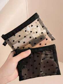 1 pieza Mini bolsa de maquillaje con forma de corazón y malla, estuche portátil multiuso transparente con felpa para lápices labiales