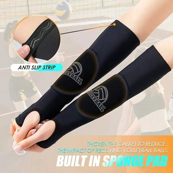 [Protectores de brazo antideslizantes] 2 piezas de protectores de brazo elásticos antideslizantes para voleibol | Con almohadilla de esponja incorporada para absorción de impactos, tela transpirable y estiramiento en cuatro direcciones - Negro con diseño de voleibol blanco para entrenamiento, playa y deportes al aire libre