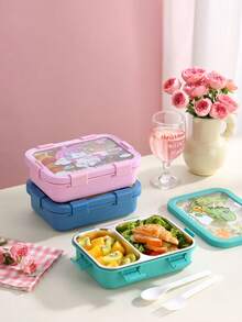 1pc Cute Cartoon Bento Box With Fork And Spoon, Divided Portable Lunch Box, Large Capacity Lunch Container, Leak-Proof Plastic Lunch Box, Stackable Lunch Compartments - Multicolor - View 3