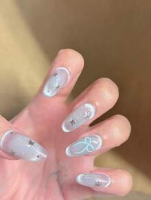 OroBelle 2025 Blue Cat Eye & Watercolor Press-On Nails| Long Oval Shape| With Starry Glitter, Holographic Flows & Bow Details| Icy Blue Glass Pearl Nail Art - S - Xem 3