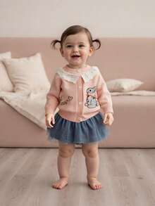 Baby Girl Cardigan, Long Sleeve Button Closure Embroidery Rabbit Winter Warm Knit Sweater Infant Clothes - Pink - View 9