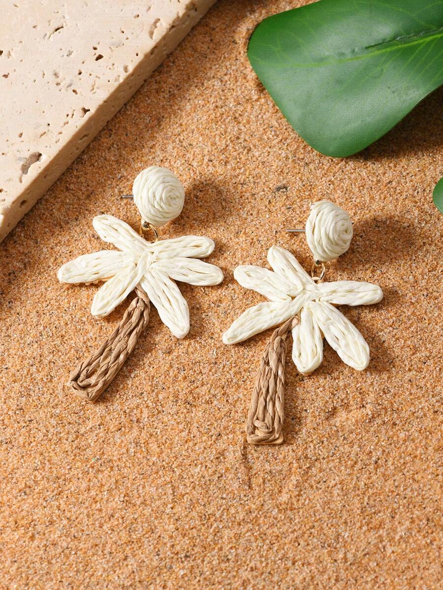 1 对手工编织拉菲草椰子树耳环，波西米亚风格棕榈叶形状耳环，适合女性日常、度假、派对佩戴