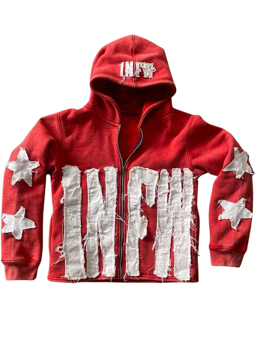 Letter Zipper Hoodies For Men Women Streetwear Graphic Sweatshirt Jacket Fall Graffiti Y2k Goth Grunge Harajuku Red Pullover Hooded, Aesthetic Hoodies Zip-Up Sweat Tops - 紅色 - 查看 1
