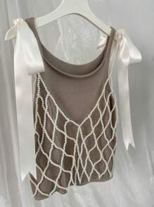 DEKUNER 串珠吊带背心设计小众外套百搭时尚镂空针织V领身体链可爱蝴蝶结肩带，女士礼物 - 白色 - 查看 6