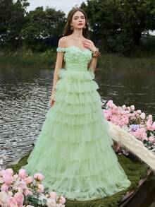 Faeriesty Luxe ​Women's Elegant Off-Shoulder Formal Evening Gown - Back Tie Waist Detail, Multi-Layered Tulle A-Line Skirt. Perfect For Black-Tie Events, Gala Dinners, Luxury Wedding Receptions, Charity Balls, Award Ceremonies.​​ - Green - View 6
