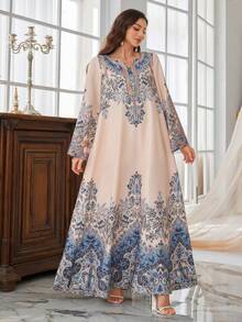 Abito con stampa grafica, scollo a V e maniche a campana