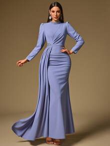 Elisanya Women's Solid Color Waist Pleated, Gathered Collar, Beaded Decor, Long Sleeve Maxi Elegant Dress