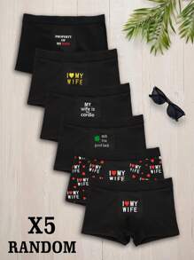 5 Pieces Random Of Men's Underwear , Breathable Boxer Briefs With "I Love You, My Wife" Letter Print, , The Best Gift For Your Boyfriend Or Yourself, Comfortable And Fit,Valentine's Day Gift,Wedding,Halloween,Christmas