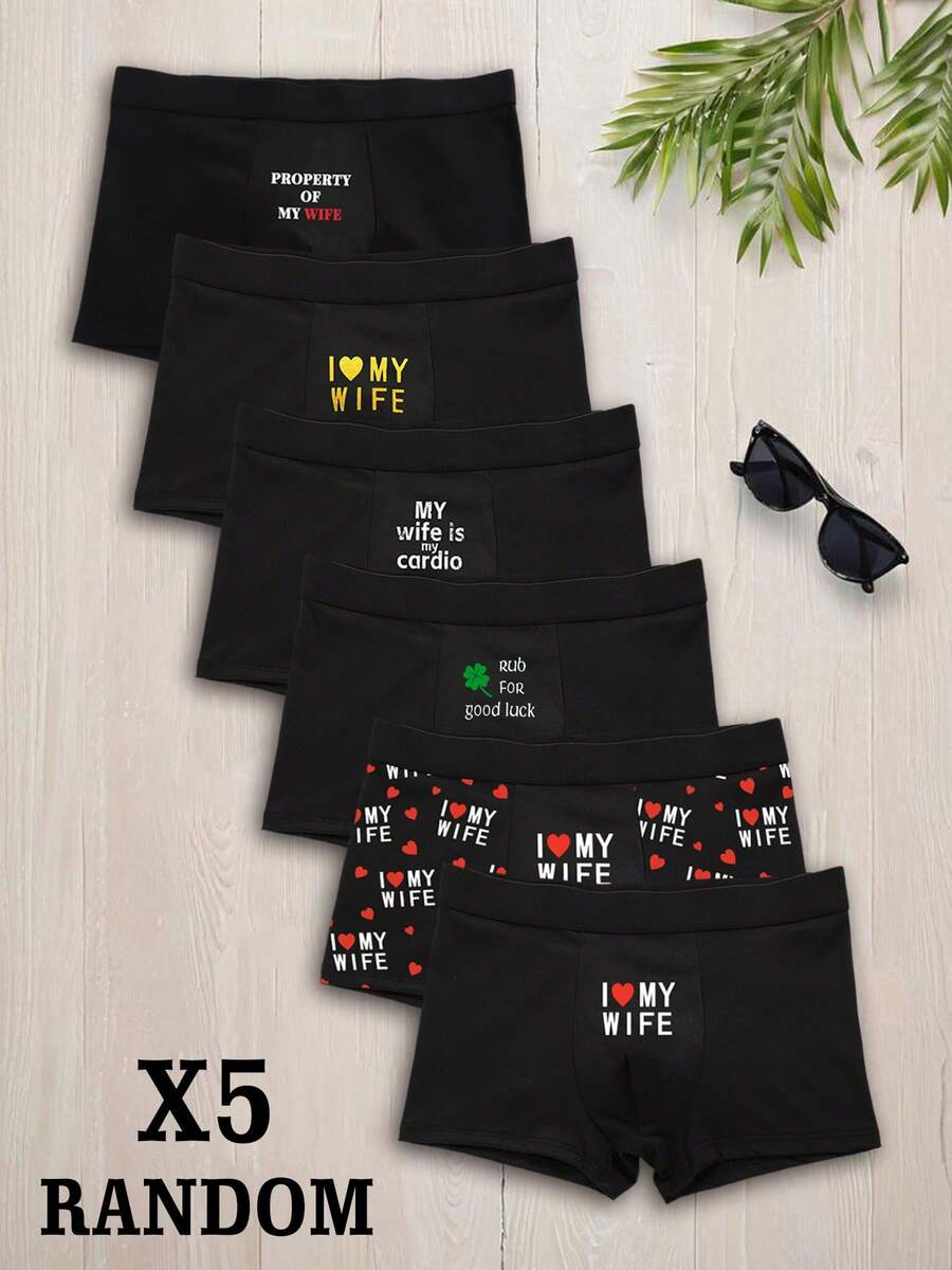 5 Pieces Random Of Men's Underwear , Breathable Boxer Briefs With "I Love You, My Wife" Letter Print, , The Best Gift For Your Boyfriend Or Yourself, Comfortable And Fit,Valentine's Day Gift,Wedding,Halloween,Christmas