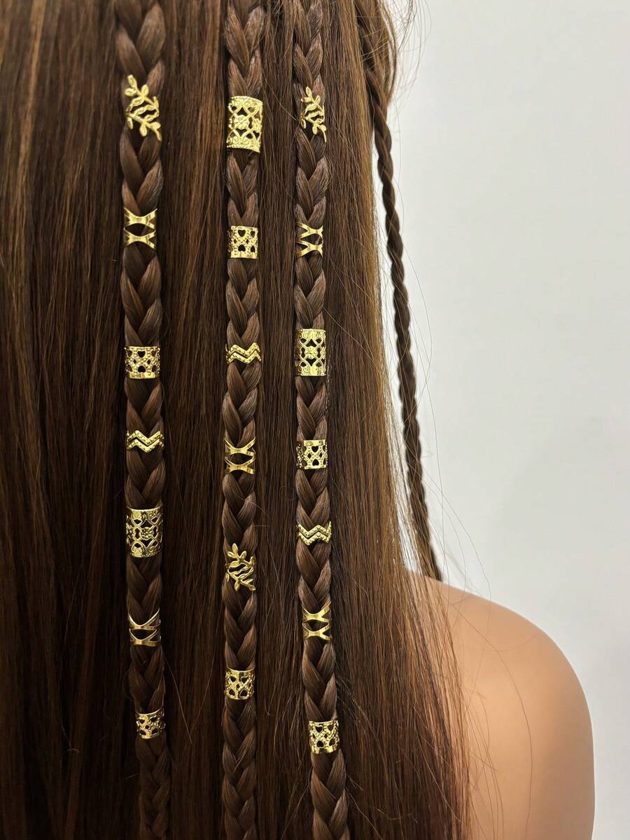 50 chiếc hạt trang trí tóc kiểu Bohemian mini, vòng cài tóc rỗng cổ điển, kẹp tóc bằng hợp kim, phụ kiện tóc, trang sức tóc cho bím tóc, kẹp tóc, trâm cài tóc. - Vàng - Xem 1