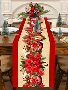 1pc 35*180cm/13.78*70.87inch Christmas Table Runner, Holiday Fabric Decor Tablecloth, Red Christmas Flower, Christmas Ball & Bell Pattern Long Rectangular Tabletop Cloth, Suitable For Christmas Home Decor - Christmas - View 8