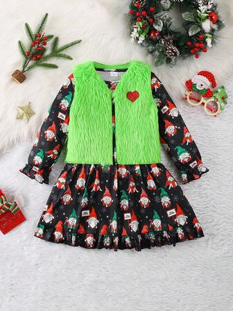 Young Girl Christmas Cartoon Print Cute Long Sleeve Dress + Vest Jacket Set